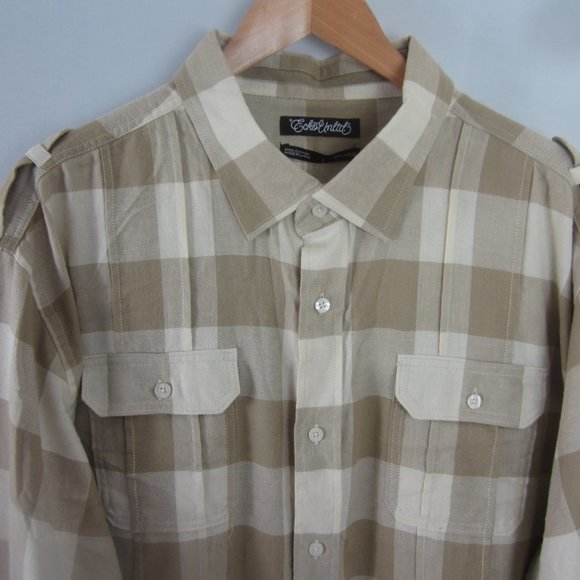 New Ecko Unltd Flannel Shirt Mens 3X Beige Plaid lS Cotton Button Front NWT - Picture 6 of 7